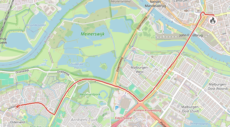 Kaart van de omgeving van de melding, met de kazerne die is gealarmeerd