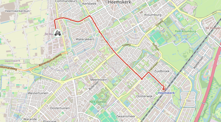 Kaart van de omgeving van de melding, met de kazerne die is gealarmeerd