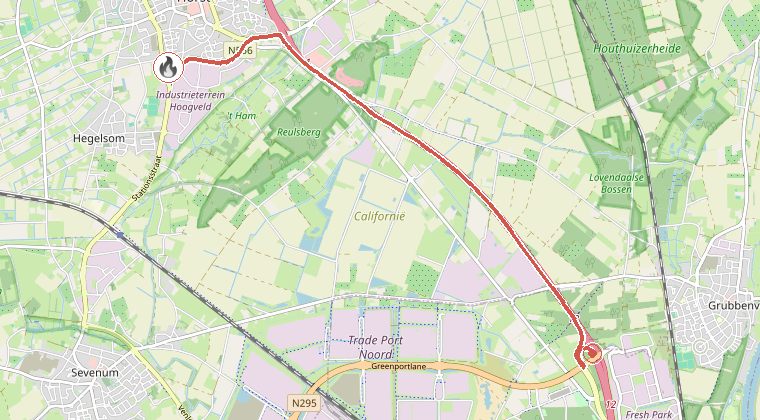 Kaart van de omgeving van de melding, met de kazerne die is gealarmeerd