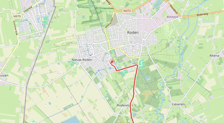 Kaart van de omgeving van de melding, met de kazerne die is gealarmeerd