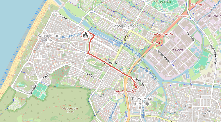 Kaart van de omgeving van de melding, met de kazerne die is gealarmeerd