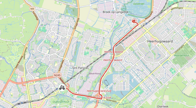 Kaart van de omgeving van de melding, met de kazerne die is gealarmeerd