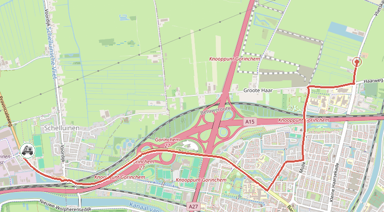 Kaart van de omgeving van de melding, met de kazerne die is gealarmeerd