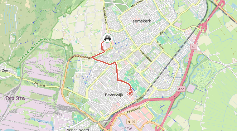 Kaart van de omgeving van de melding, met de kazerne die is gealarmeerd