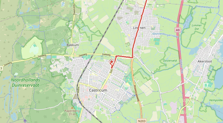 Kaart van de omgeving van de melding, met de kazerne die is gealarmeerd