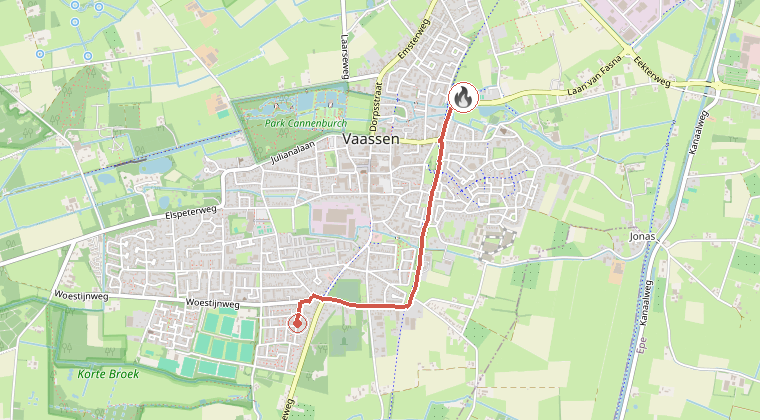 Kaart van de omgeving van de melding, met de kazerne die is gealarmeerd