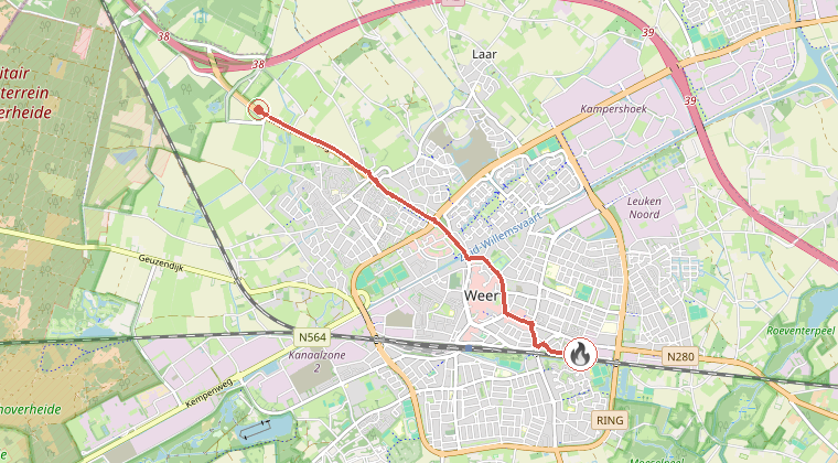 Kaart van de omgeving van de melding, met de kazerne die is gealarmeerd