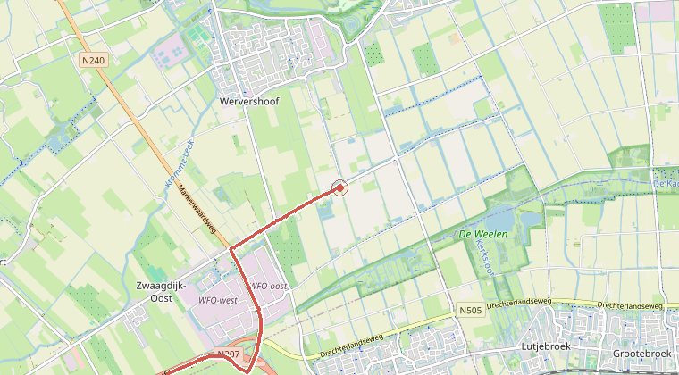 Kaart van de omgeving van de melding, met de kazerne die is gealarmeerd