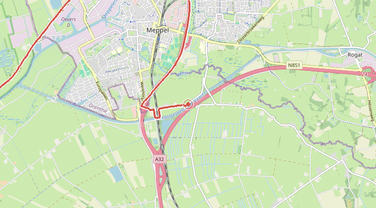 Kaart van de omgeving van de melding, met de kazerne die is gealarmeerd