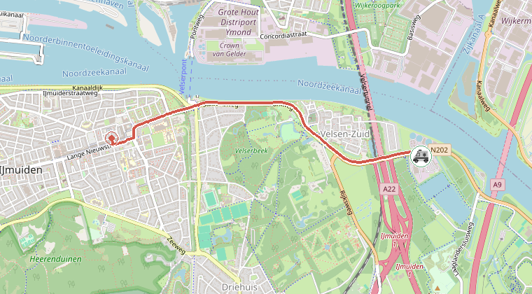Kaart van de omgeving van de melding, met de kazerne die is gealarmeerd