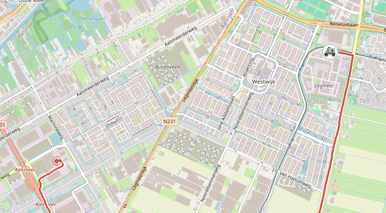 Kaart van de omgeving van de melding, met de kazerne die is gealarmeerd
