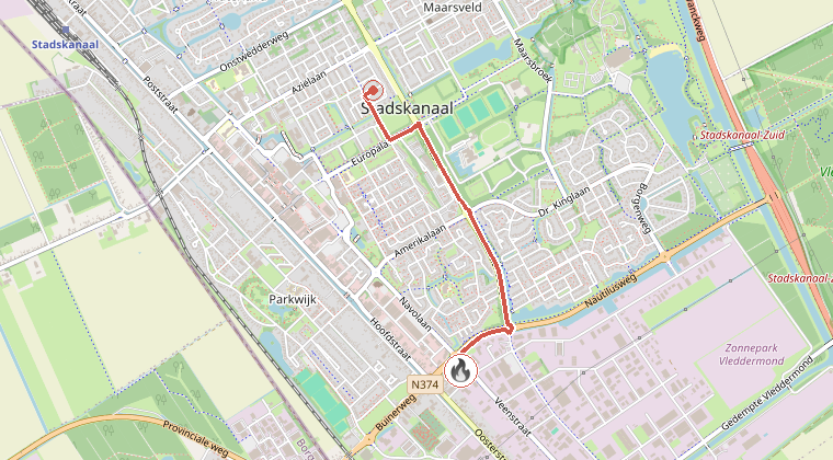 Kaart van de omgeving van de melding, met de kazerne die is gealarmeerd