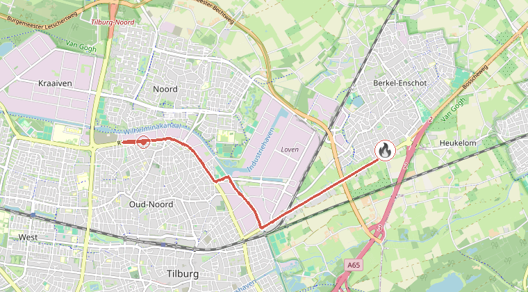 Kaart van de omgeving van de melding, met de kazerne die is gealarmeerd
