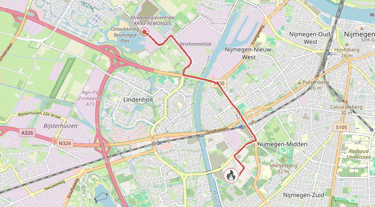 Kaart van de omgeving van de melding, met de kazerne die is gealarmeerd