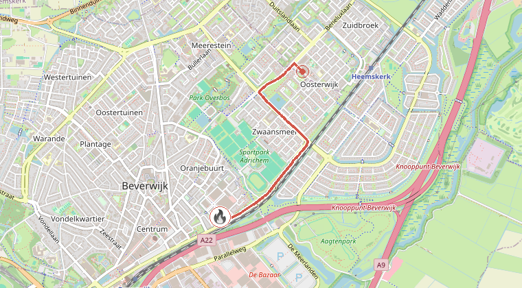 Kaart van de omgeving van de melding, met de kazerne die is gealarmeerd