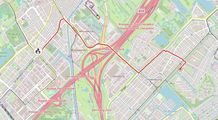 Kaart van de omgeving van de melding, met de kazerne die is gealarmeerd