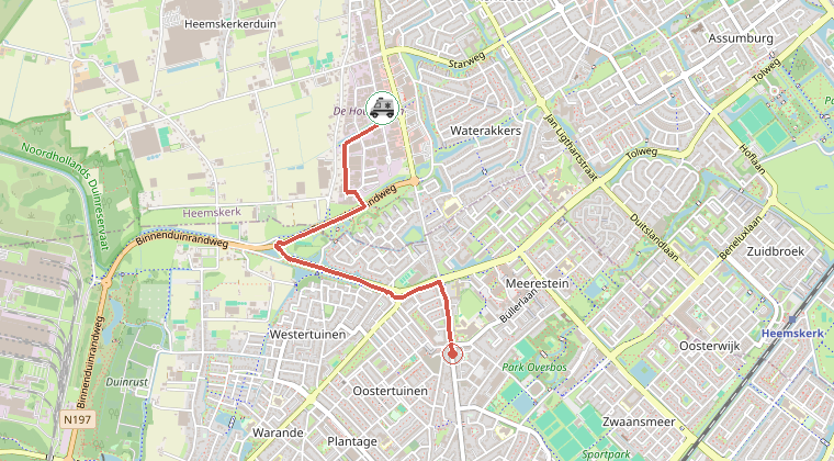 Kaart van de omgeving van de melding, met de kazerne die is gealarmeerd