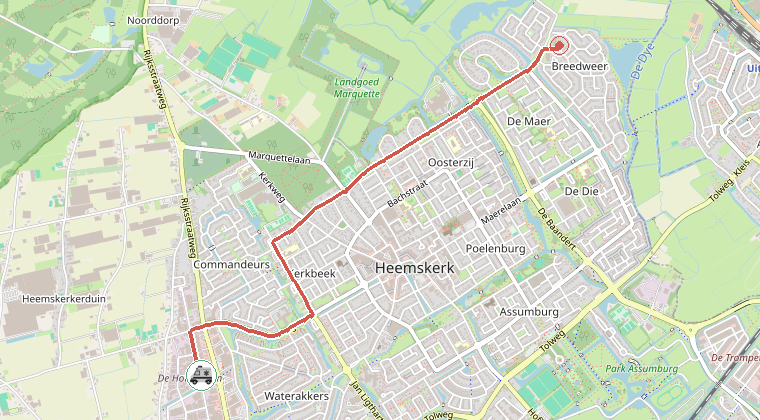 Kaart van de omgeving van de melding, met de kazerne die is gealarmeerd
