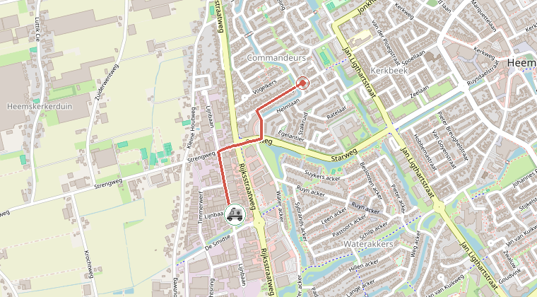 Kaart van de omgeving van de melding, met de kazerne die is gealarmeerd