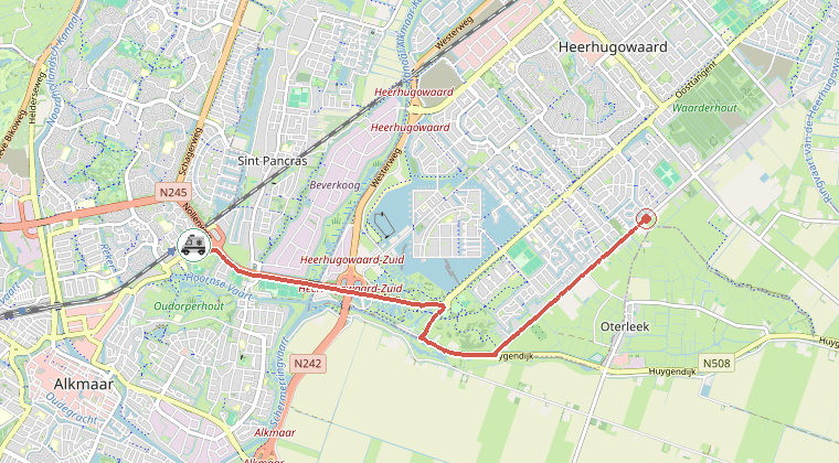 Kaart van de omgeving van de melding, met de kazerne die is gealarmeerd
