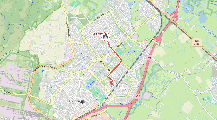 Kaart van de omgeving van de melding, met de kazerne die is gealarmeerd