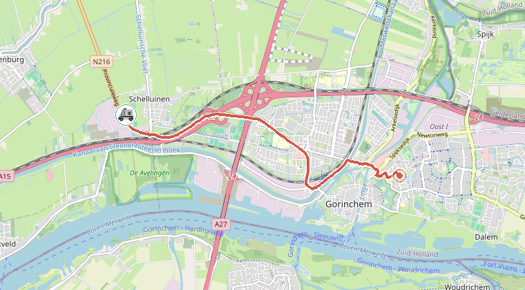 Kaart van de omgeving van de melding, met de kazerne die is gealarmeerd