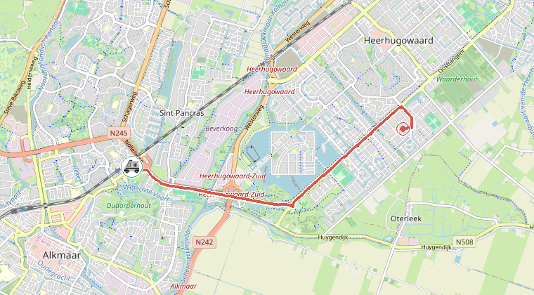 Kaart van de omgeving van de melding, met de kazerne die is gealarmeerd