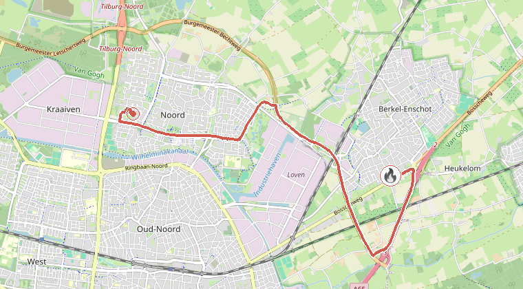 Kaart van de omgeving van de melding, met de kazerne die is gealarmeerd