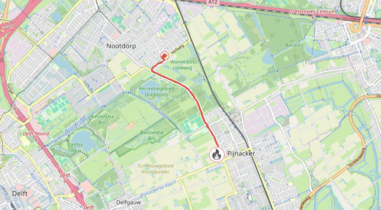 Kaart van de omgeving van de melding, met de kazerne die is gealarmeerd