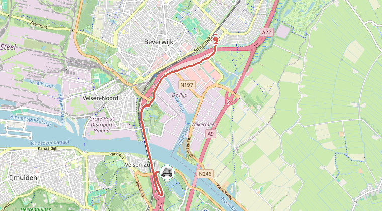 Kaart van de omgeving van de melding, met de kazerne die is gealarmeerd