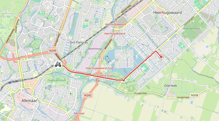 Kaart van de omgeving van de melding, met de kazerne die is gealarmeerd