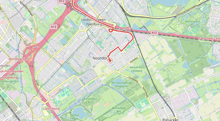 Kaart van de omgeving van de melding, met de kazerne die is gealarmeerd
