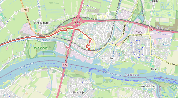 Kaart van de omgeving van de melding, met de kazerne die is gealarmeerd