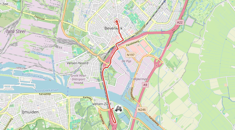 Kaart van de omgeving van de melding, met de kazerne die is gealarmeerd