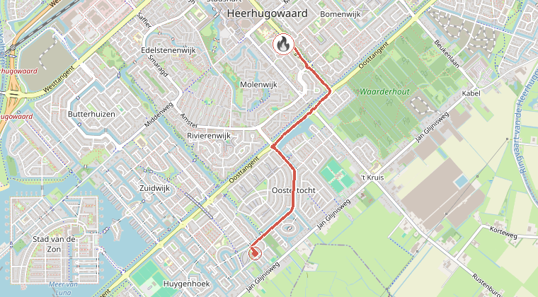 Kaart van de omgeving van de melding, met de kazerne die is gealarmeerd