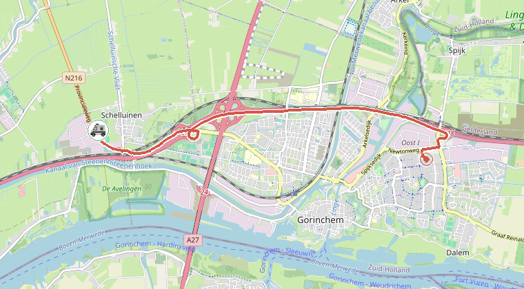 Kaart van de omgeving van de melding, met de kazerne die is gealarmeerd