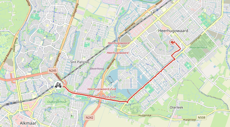 Kaart van de omgeving van de melding, met de kazerne die is gealarmeerd
