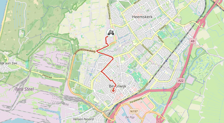 Kaart van de omgeving van de melding, met de kazerne die is gealarmeerd