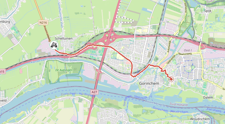 Kaart van de omgeving van de melding, met de kazerne die is gealarmeerd