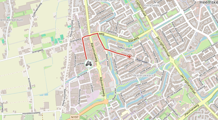 Kaart van de omgeving van de melding, met de kazerne die is gealarmeerd