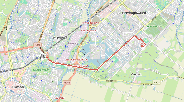 Kaart van de omgeving van de melding, met de kazerne die is gealarmeerd