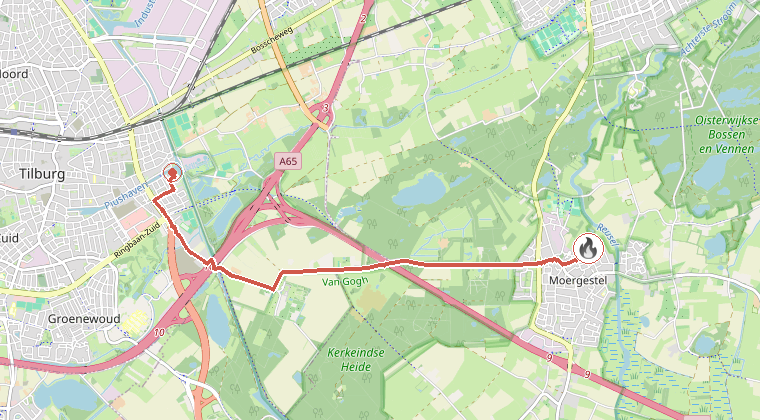 Kaart van de omgeving van de melding, met de kazerne die is gealarmeerd