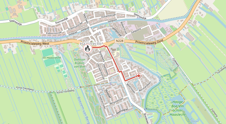 Kaart van de omgeving van de melding, met de kazerne die is gealarmeerd