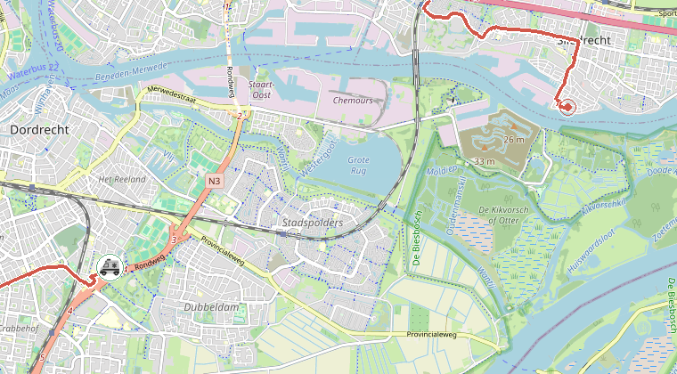 Kaart van de omgeving van de melding, met de kazerne die is gealarmeerd
