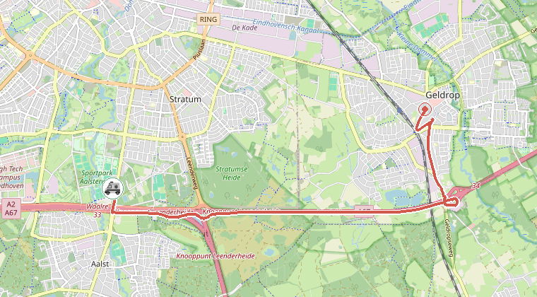 Kaart van de omgeving van de melding, met de kazerne die is gealarmeerd