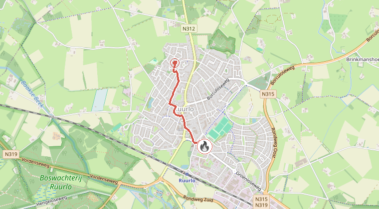 Kaart van de omgeving van de melding, met de kazerne die is gealarmeerd