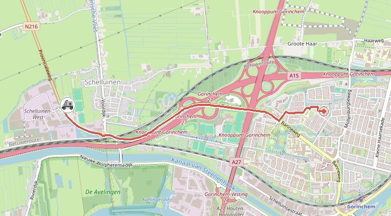Kaart van de omgeving van de melding, met de kazerne die is gealarmeerd
