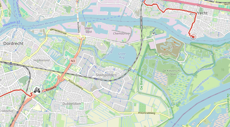 Kaart van de omgeving van de melding, met de kazerne die is gealarmeerd