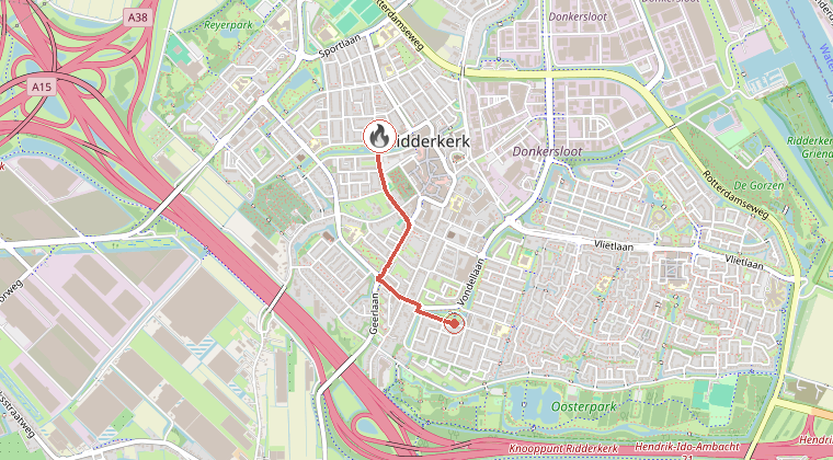 Kaart van de omgeving van de melding, met de kazerne die is gealarmeerd