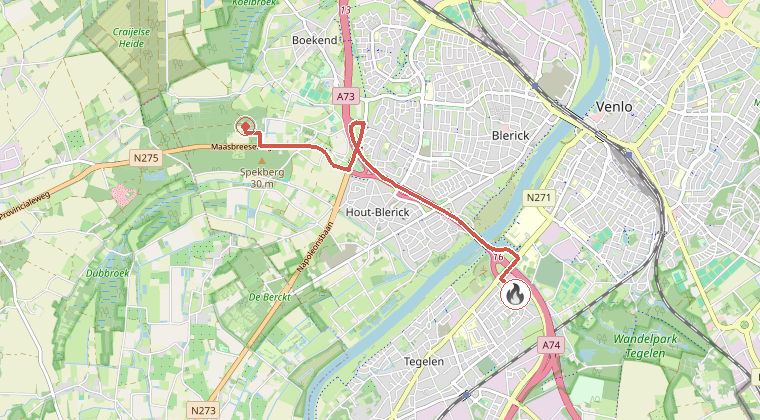Kaart van de omgeving van de melding, met de kazerne die is gealarmeerd